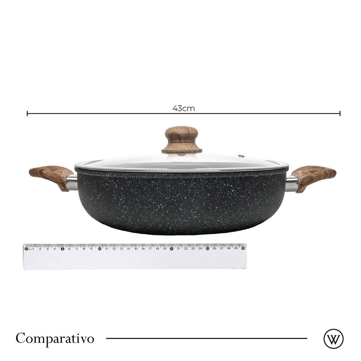 Wok de Indução com Tampa de Vidro 28cm Granilite Preta Alumínio com Revestimento Cerâmico - Wolff
