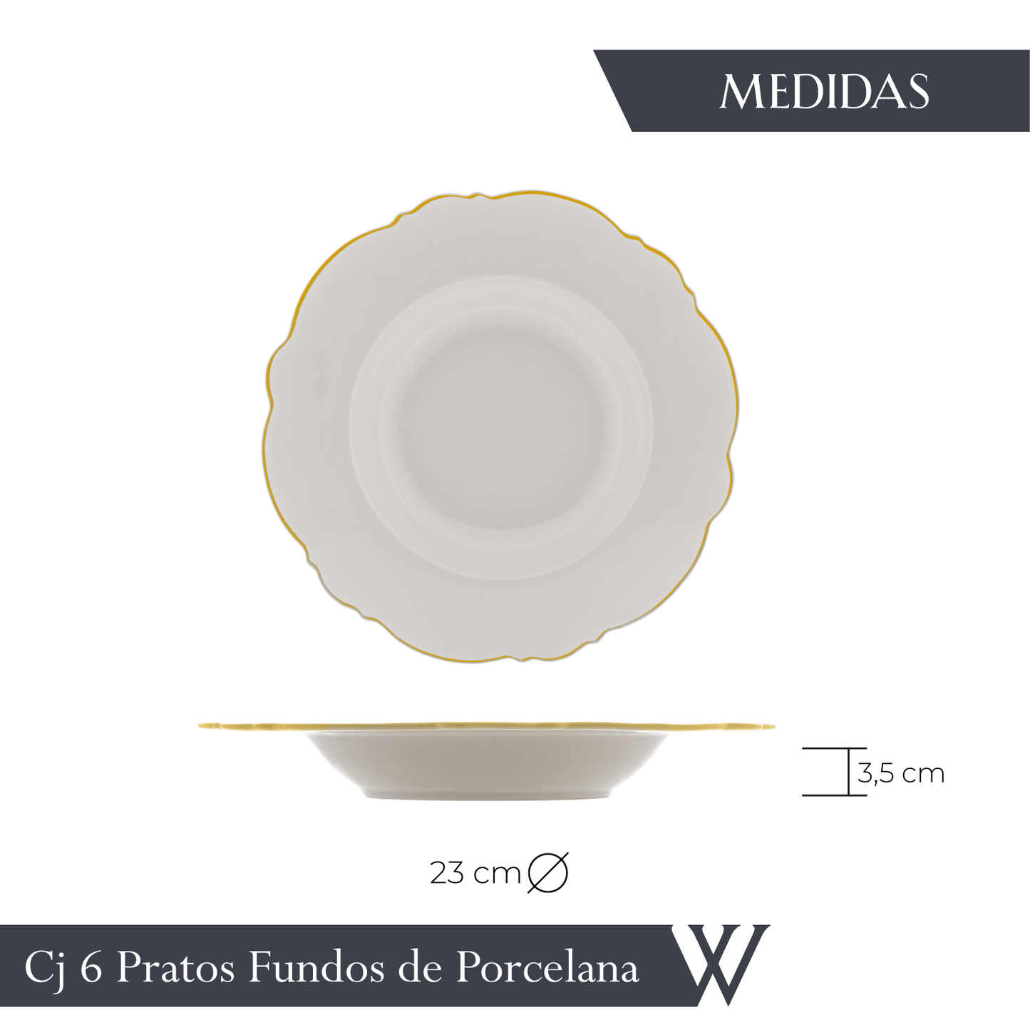Conjunto 6 Pratos Fundos de Porcelana Maldivas Branco com Fio de Ouro  - Wolff