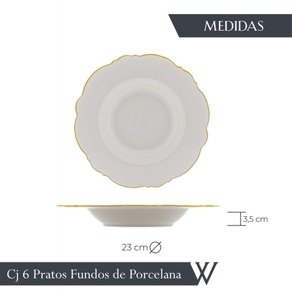 Conjunto 6 Pratos Fundos de Porcelana Maldivas Branco com Fio de Ouro  - Wolff