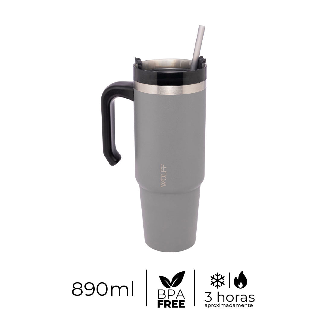 Copo Térmica Parede Dupla SlimTerm  e Canudo Cinza 890ml - Wolff