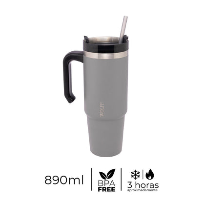 Copo Térmica Parede Dupla SlimTerm  e Canudo Cinza 890ml - Wolff