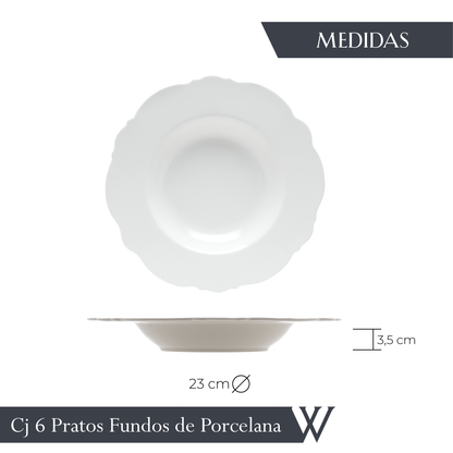 Conjunto 6 Pratos Fundos de Porcelana Maldivas Branco - Wolff