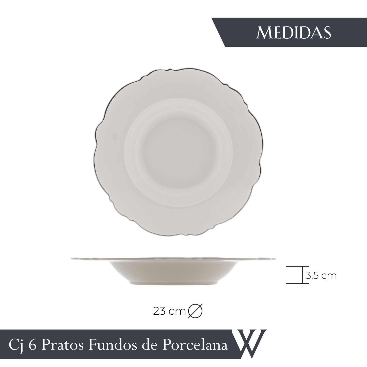 Conjunto 6 Pratos Fundos de Porcelana Maldivas com Fio Prata - Wolff