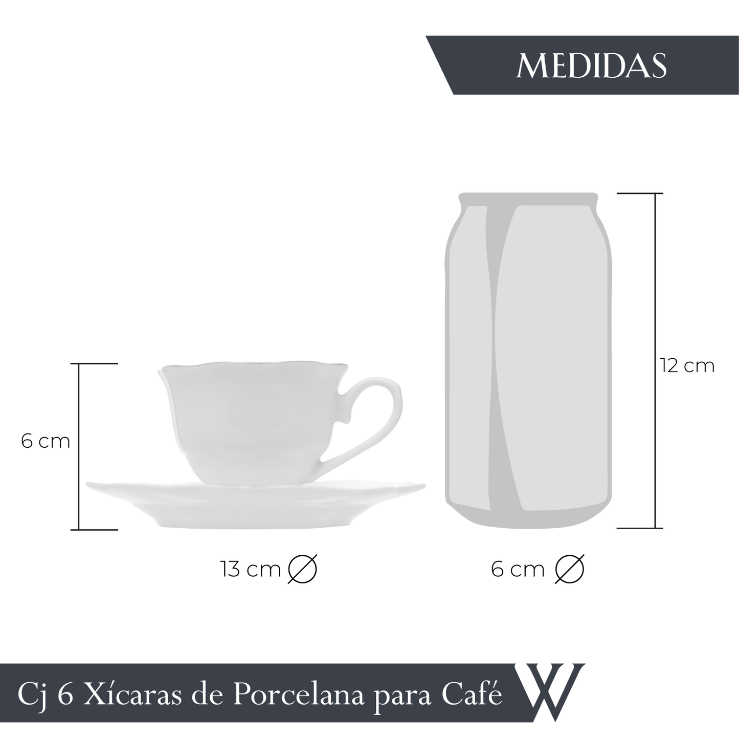 Conjunto 6 Xícaras de Café com Pires Branco com Fio Prata Maldivas 80ml - Wolff