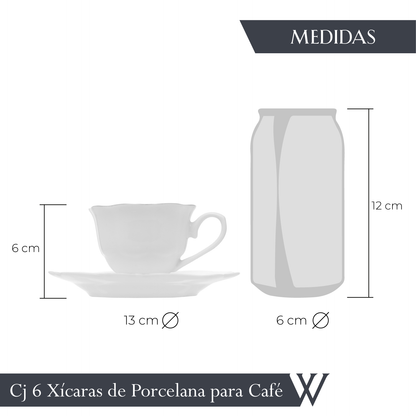 Conjunto 6 Xícaras de Café com Pires Branco com Fio Prata Maldivas 80ml - Wolff