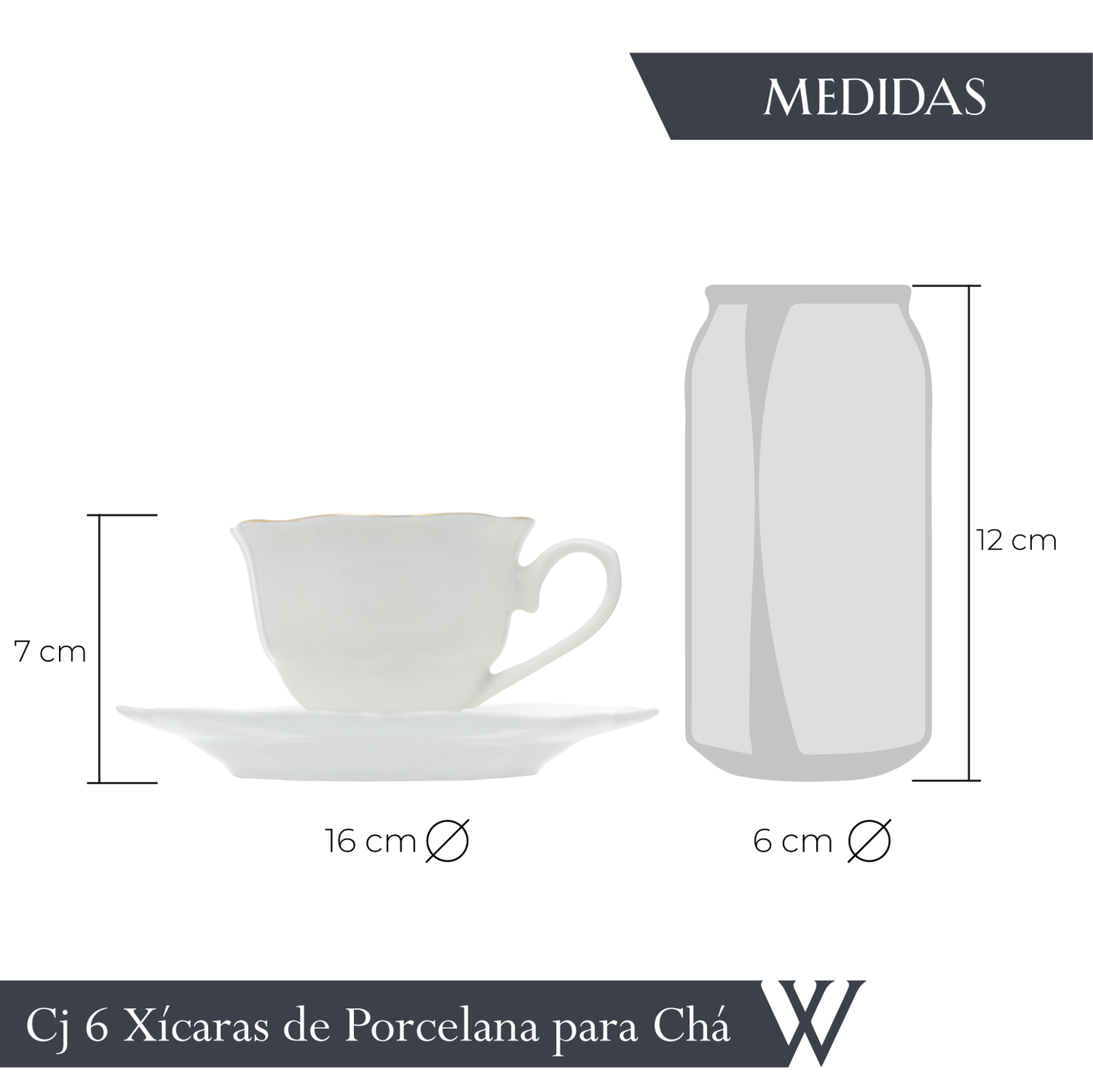 Conjunto 6 Xícaras de Chá de Porcelana com Pires Maldivas com Fio de Ouro - Wolff