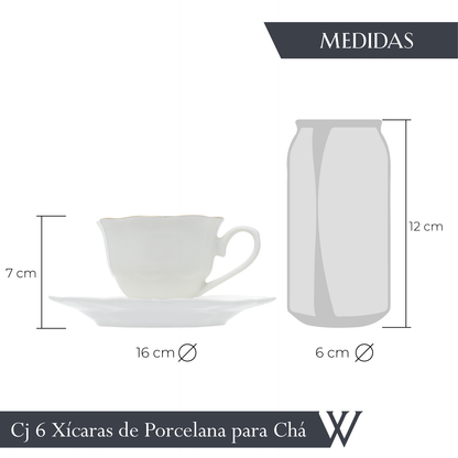 Conjunto 6 Xícaras de Chá de Porcelana com Pires Maldivas com Fio de Ouro - Wolff