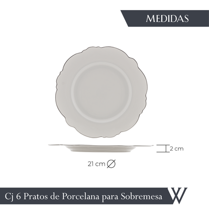 Conjunto 6 Pratos para Sobremesa de Porcelana Maldivas com Fio Prata 21cm - Wolff