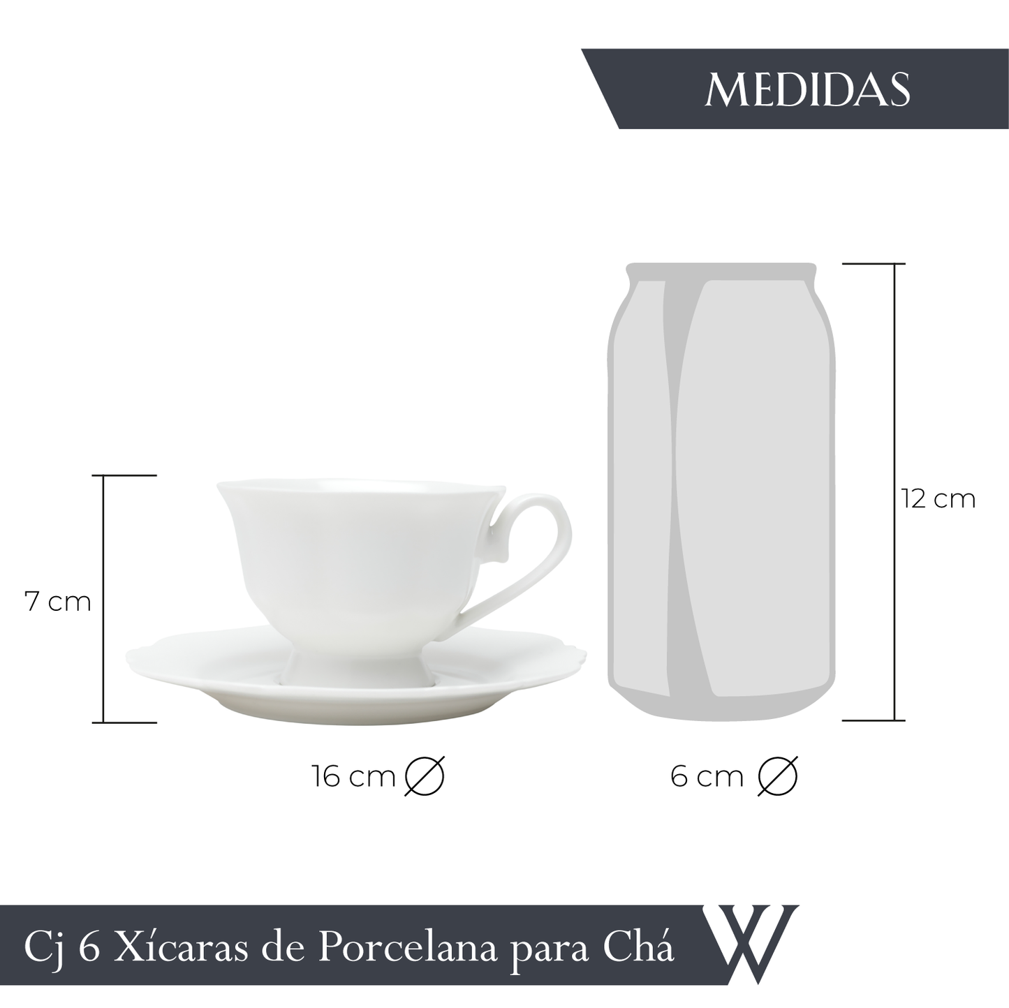 Conjunto 6 Xícaras Chá Maldivas 180ml Branca Porcelana - Wolff