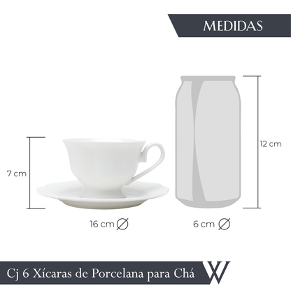 Conjunto 6 Xícaras Chá Maldivas 180ml Branca Porcelana - Wolff
