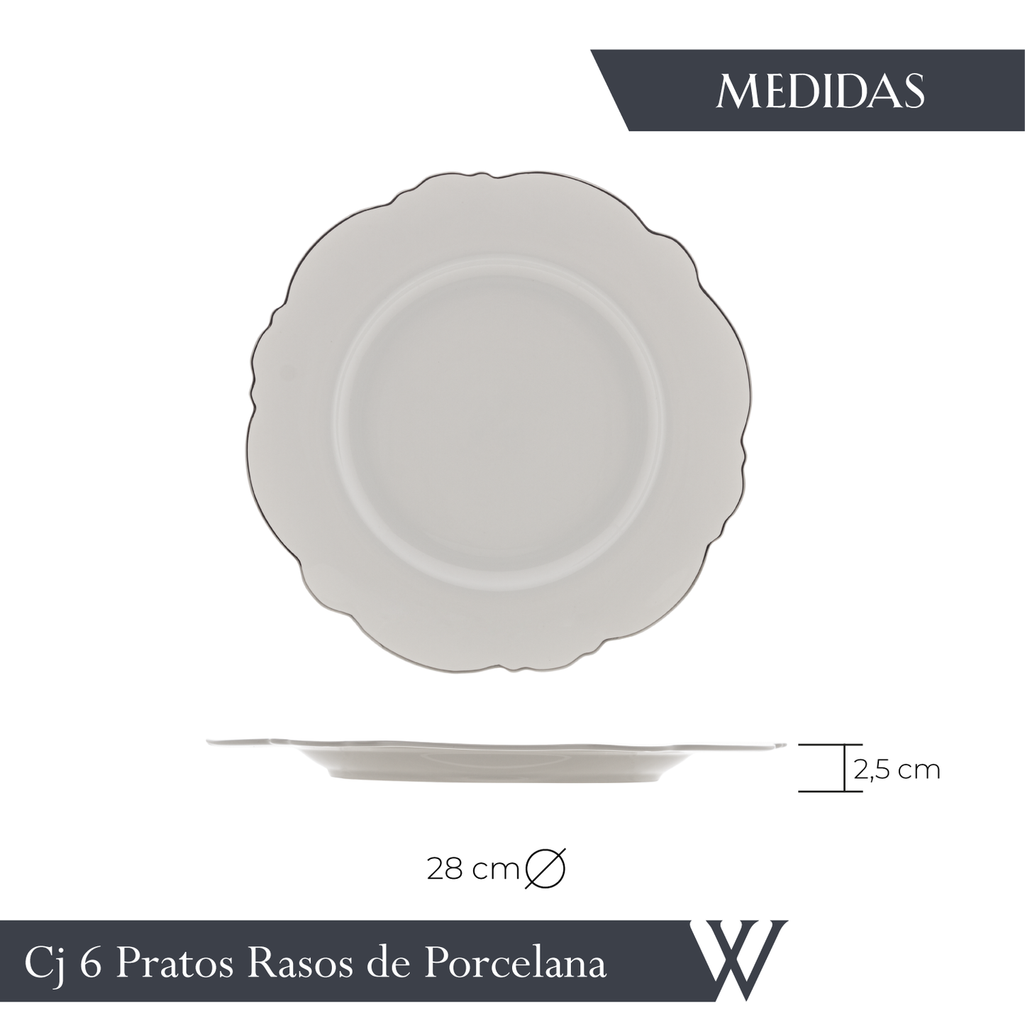 Conjunto 6 Pratos Rasos de Porcelana Maldivas com Fio Prata 28cm - Wolff