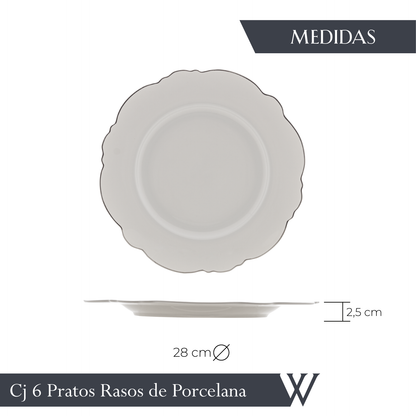 Conjunto 6 Pratos Rasos de Porcelana Maldivas com Fio Prata 28cm - Wolff