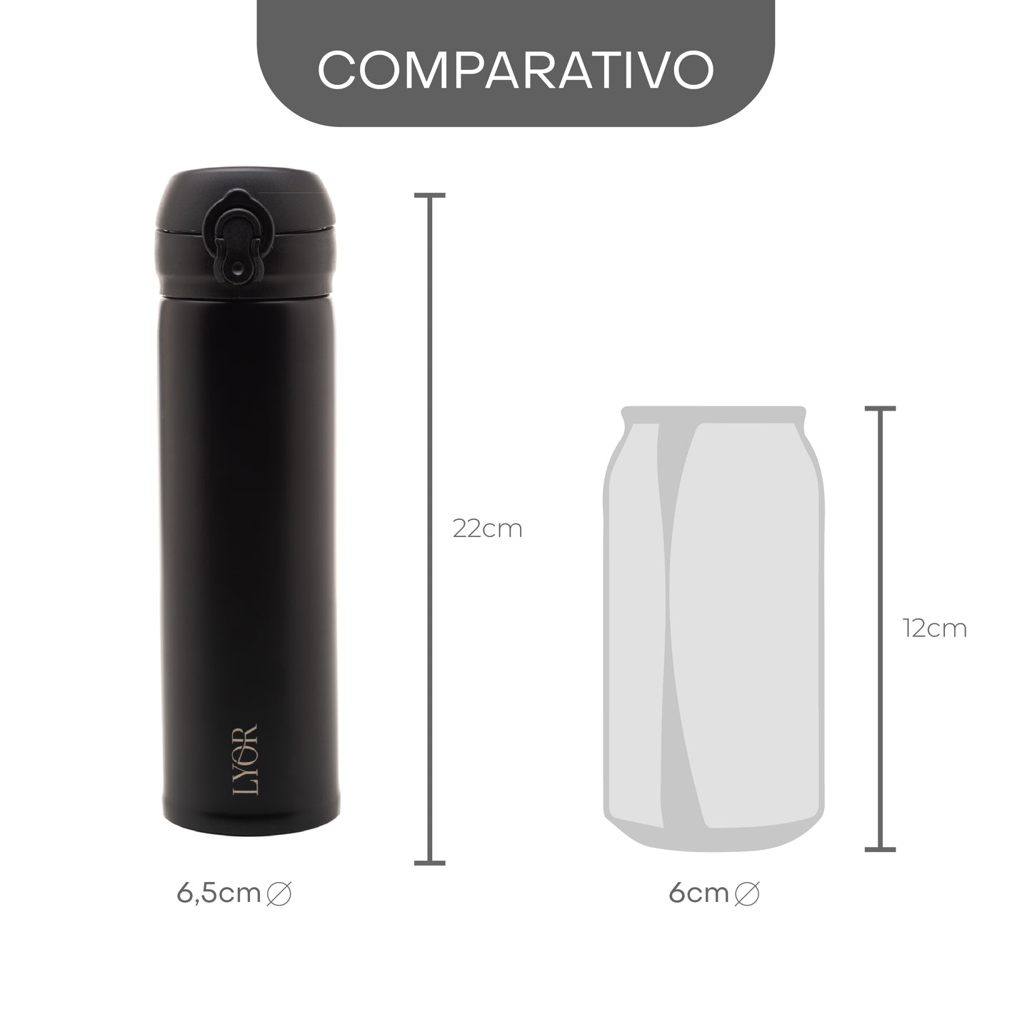 Garrafa Térmica Dupla Parede de Aço Inox com Tampa Flip Preta 410ml - Lyor