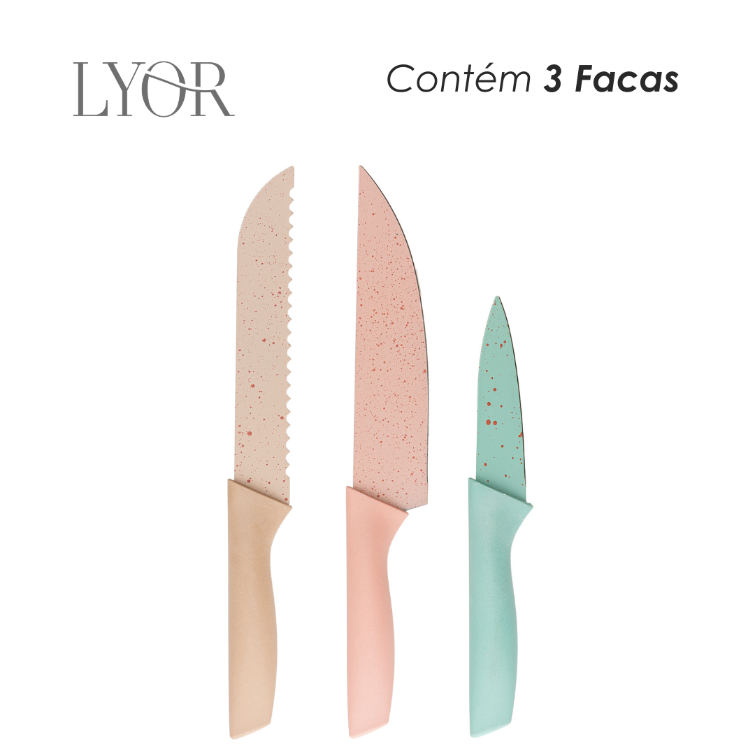 Conjunto 3 Facas Slice Colorido 24cm x 3cm x 2cm Aço Inox - Lyor