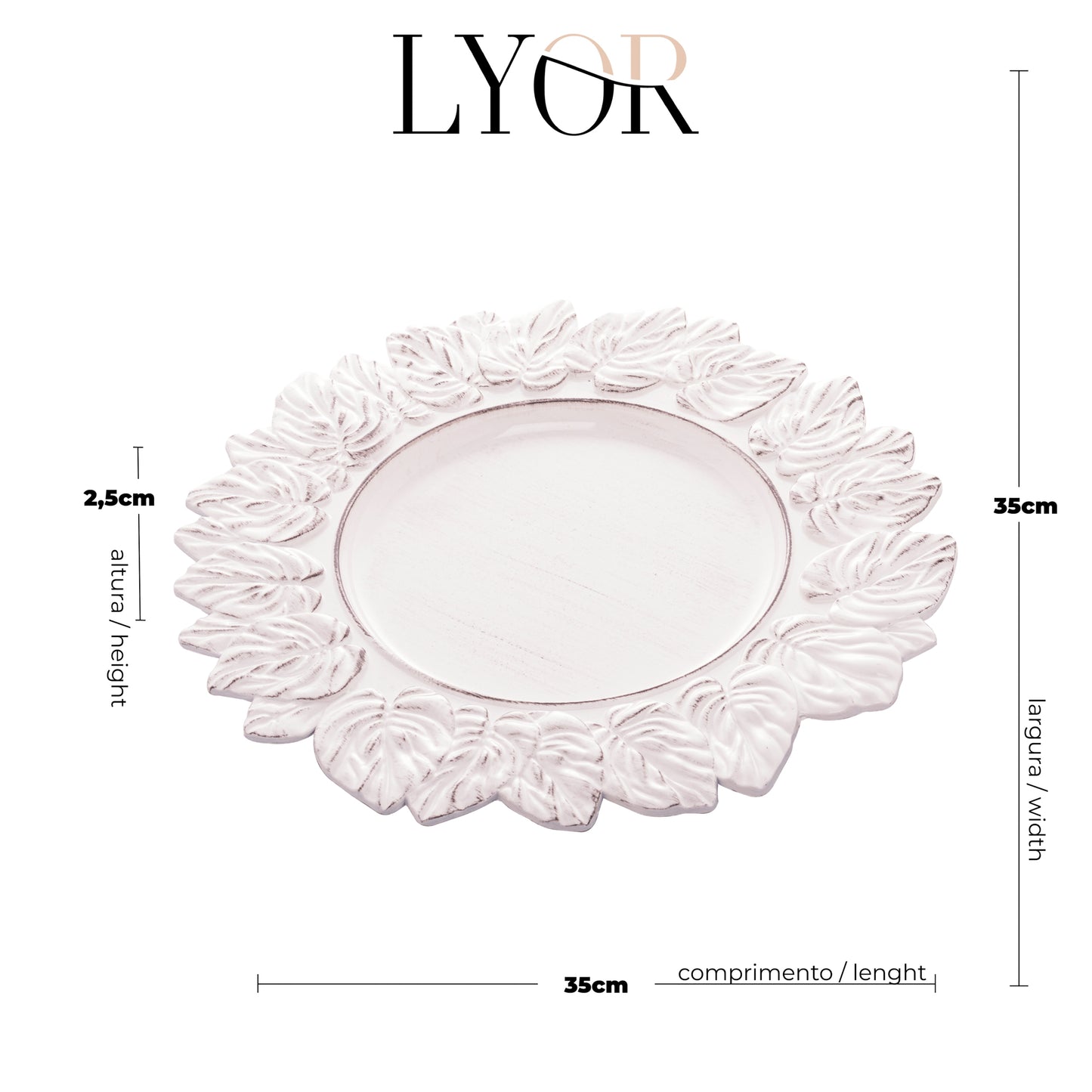 Sousplat de Plástico Patinado Garden Leaf Branco 35cm - Lyor