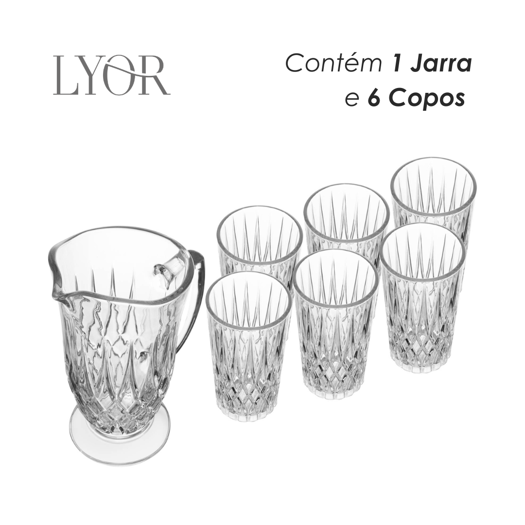 Conjunto Jarra com 6 Copos de Vidro Diamante 1L/300ml - Lyor