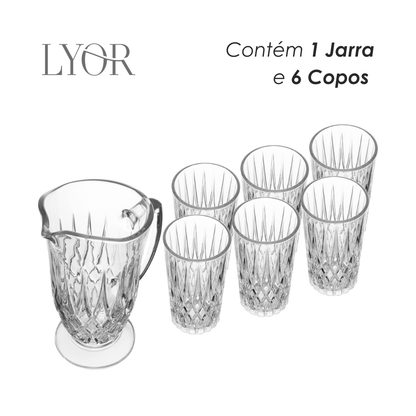 Conjunto Jarra com 6 Copos de Vidro Diamante 1L/300ml - Lyor