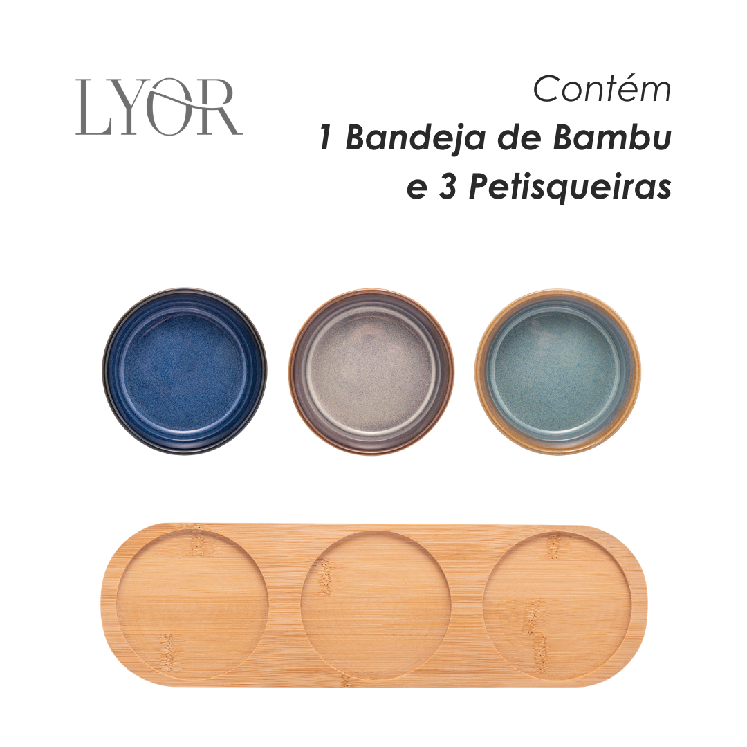 Conjunto 3 Petisqueiras de Cerâmica com Bandeja  - Lyor