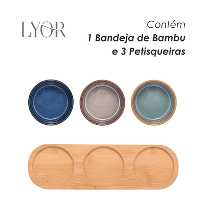 Conjunto 3 Petisqueiras de Cerâmica com Bandeja  - Lyor