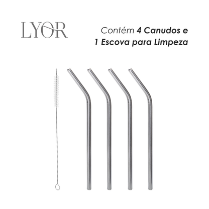 Conjunto 4 Canudos de Aço Inox Reutilizáveis com Escova para Limpeza 21,5cm - Lyor