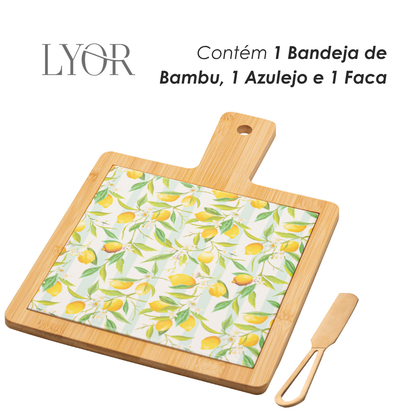 Conjunto 3 Peças para Queijo Tábua com Bandeja Faca Dourada Siciliano 17cm x 29cm x 1,2cm Bambu Lyor