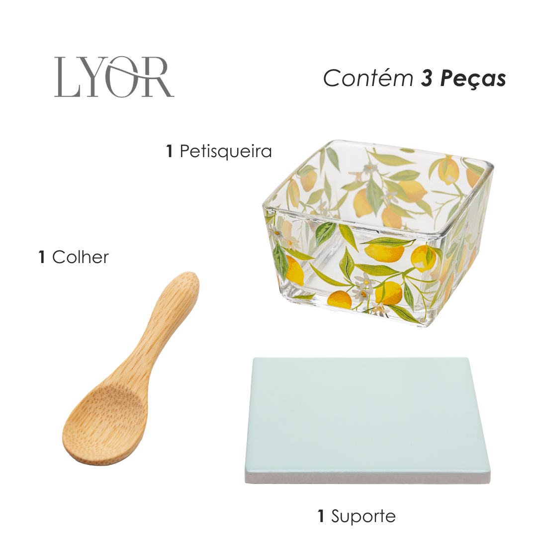 Conjunto 3 Peças Petisqueira Quadrada com Colher e Suporte Siciliano 12cm x 10cm x 6,6cm Vidro Lyor