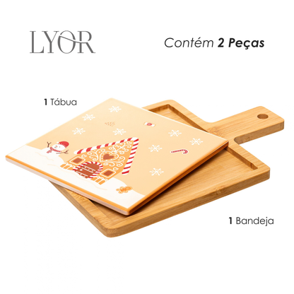 Conjunto 2 Peças Tábua com Bandeja Encanto de Natal 24cm x 17cm x 1cm Bambu - Lyor
