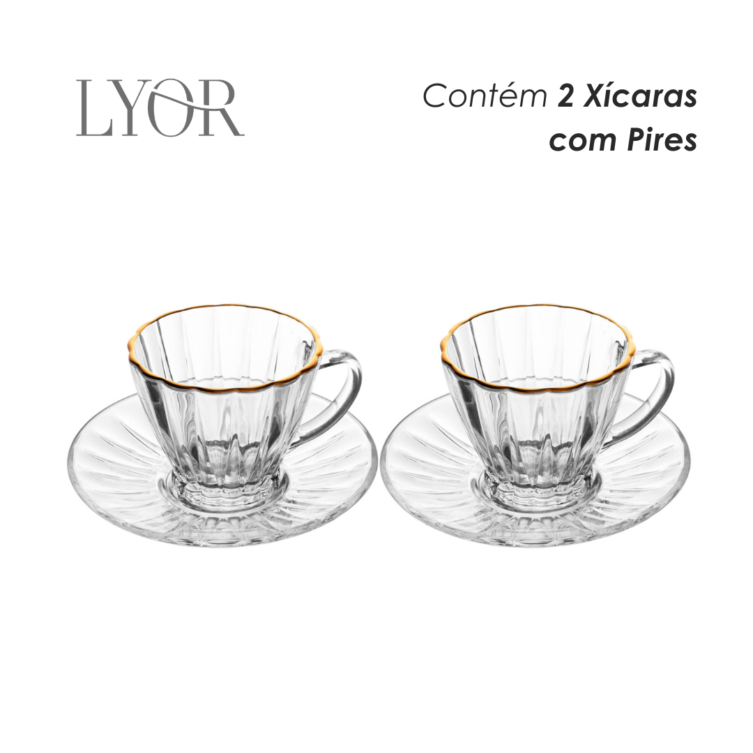 Conjunto 2 Xícaras para Chá com Fio de Ouro e Pires Radial 180ml Cristal - Lyor