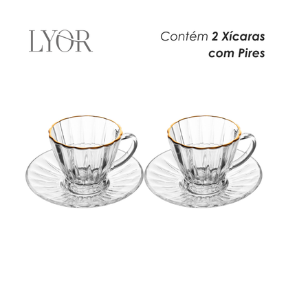 Conjunto 2 Xícaras para Chá com Fio de Ouro e Pires Radial 180ml Cristal - Lyor