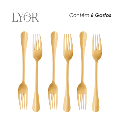 Conjunto 6 Garfos para Mesa de Aço Inox Positano Dourado 20cm - Lyor