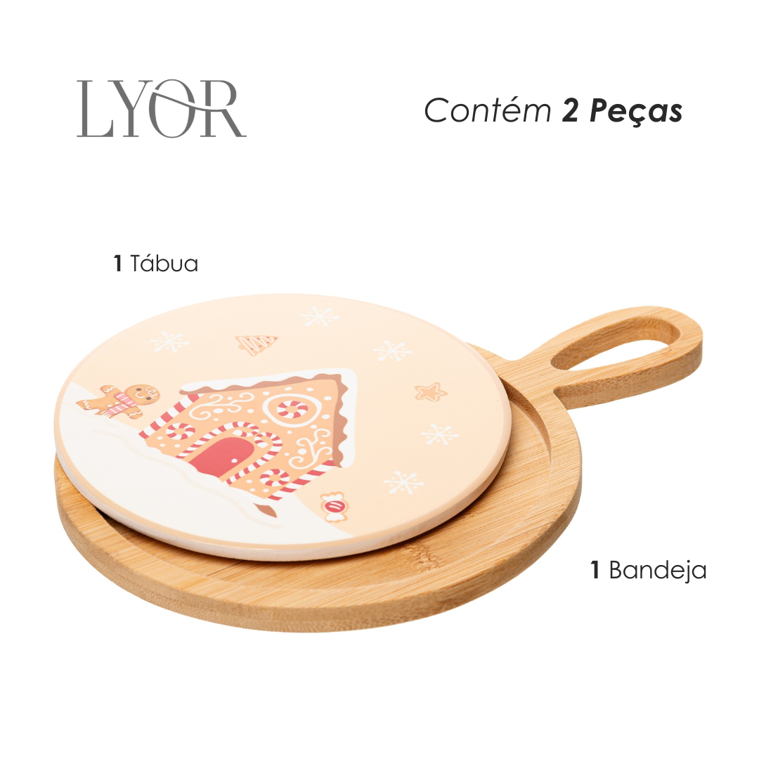 Conjunto 2 Peças Tábua com Bandeja Encanto de Natal 24cm x 17cm x 1cm Bambu -  Lyor