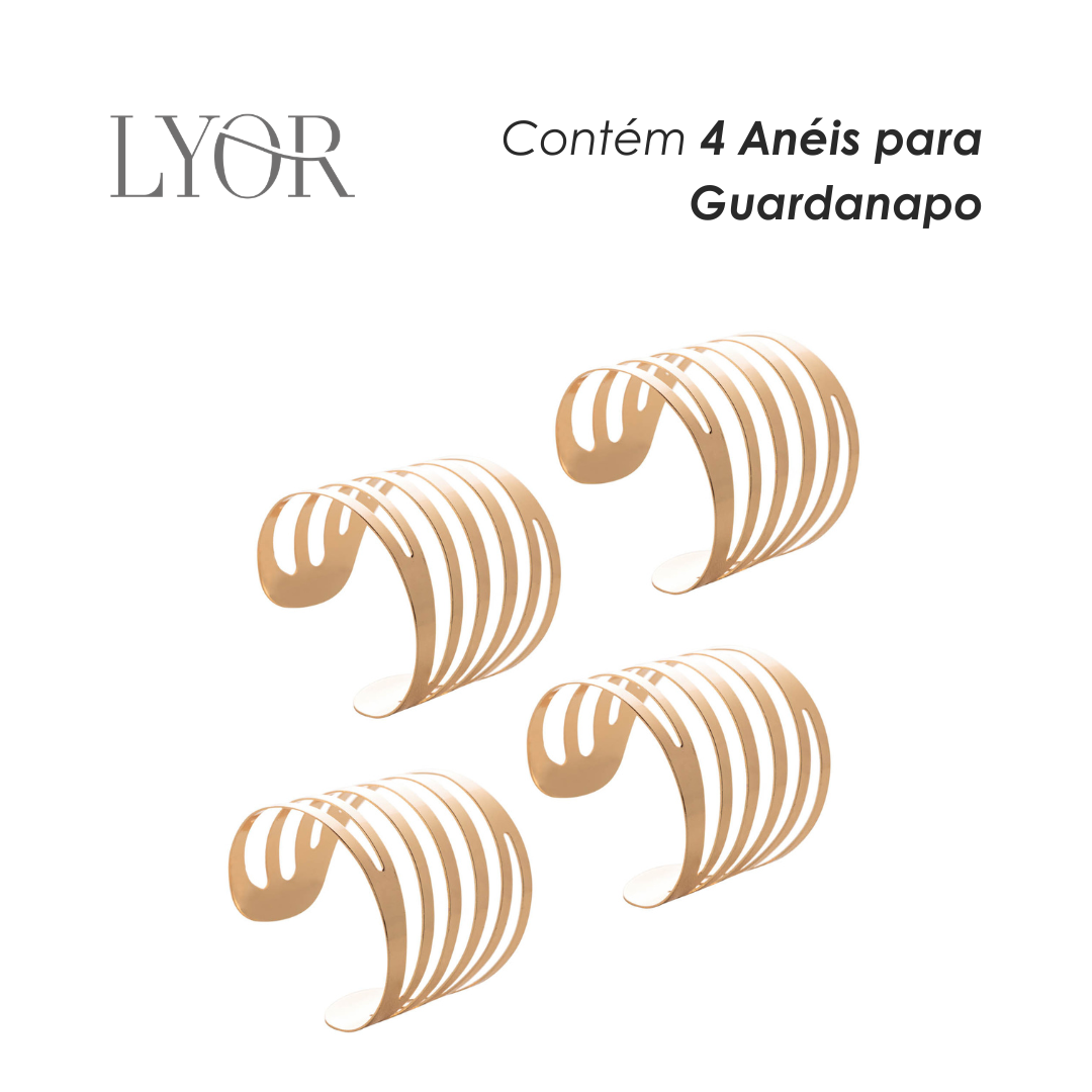 Conjunto 4 Anéis para Guardanapo de Aço Curves Dourado 4cm - Lyor
