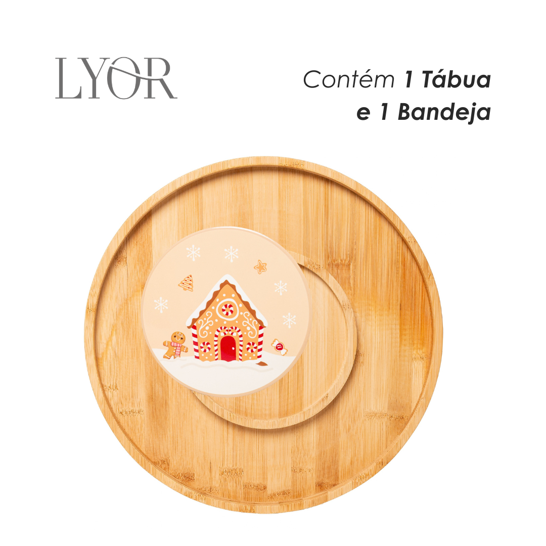 Conjunto 2 Peças Tábua com Bandeja Encanto de Natal 33cm x 1,5cm Bambu - Lyor