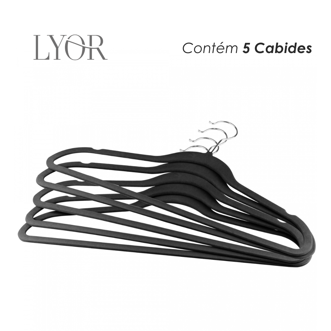 Conjunto 5 Cabides de Plástico Aveludado Preto 41,5cm x 0,55cm x 22cm- Lyor