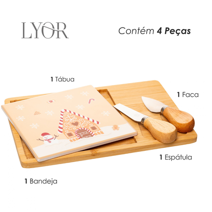 Conjunto 4 Peças Para Queijo  Bandeja de Bambu e Tábua Encanto de Natal 25cm x 17cm x 2cm - Lyor