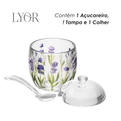Açucareiro com Colher e Tampa Lavanda Hand Painting 8,5cm x 11,3cm Cristal Ecológico - Lyor