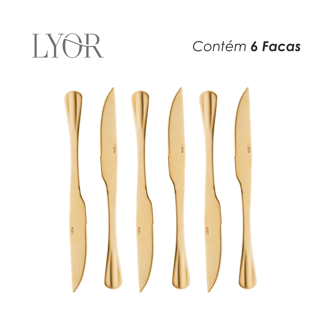 Conjunto 6 Facas de Churrasco de Aço Inox Positano Dourado 23cm - Lyor