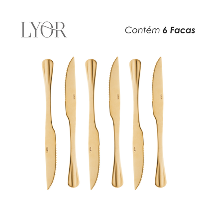 Conjunto 6 Facas de Churrasco de Aço Inox Positano Dourado 23cm - Lyor