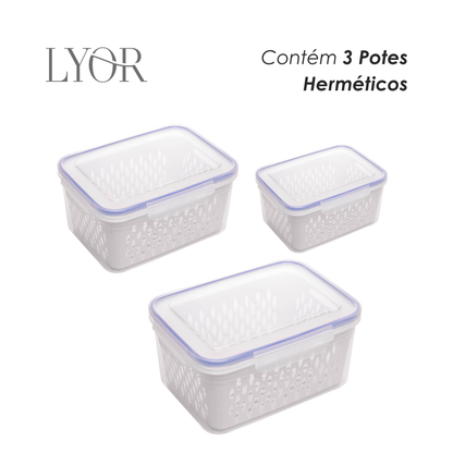 Conjunto 3 Potes Herméticos com Cesto Escorredor Branco Plástico - Lyor