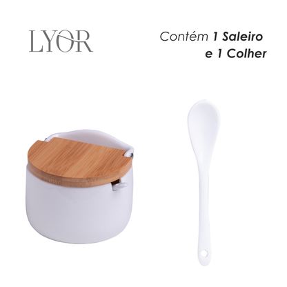 Saleiro de Mesa de Cerâmica com Tampa de Bambu e Colher Bianco 10cm x 9,5cm x 9,5cm - Lyor