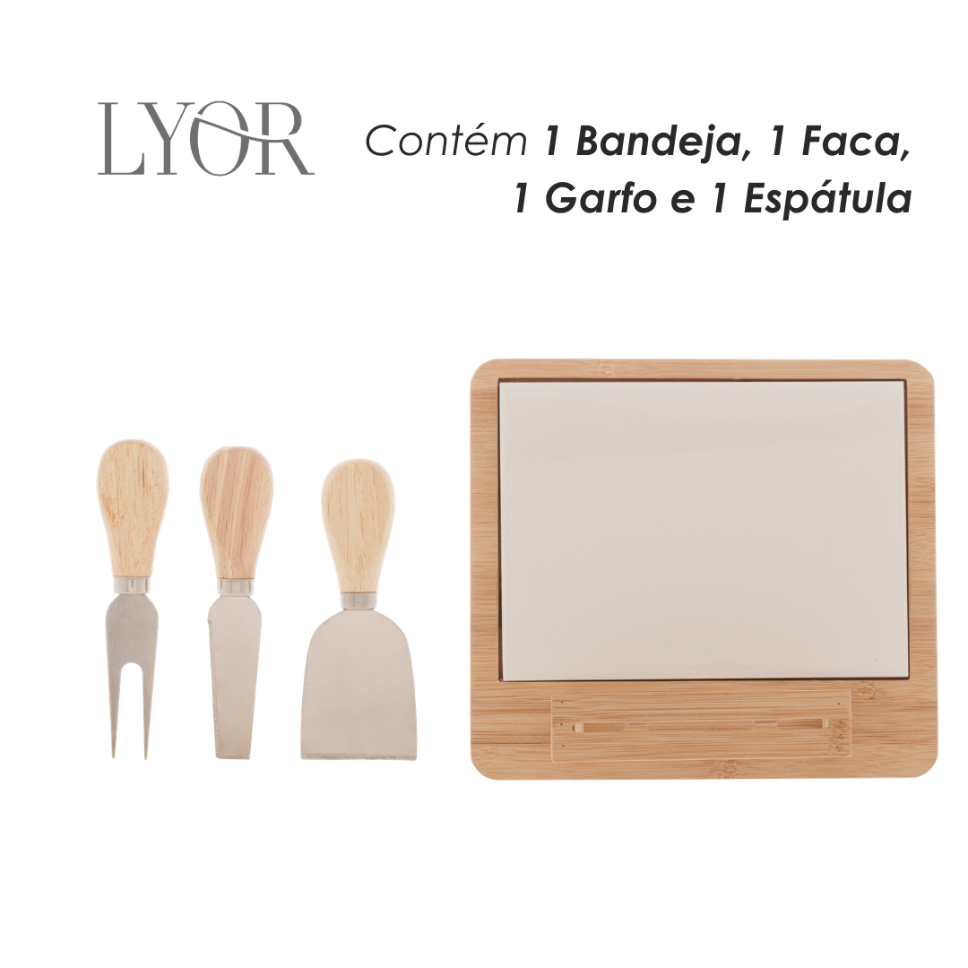 Conjunto Bandeja de Bambu e Cerâmica com 4 Peças para Queijo – Lyor