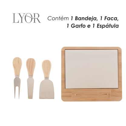 Conjunto Bandeja de Bambu e Cerâmica com 4 Peças para Queijo – Lyor