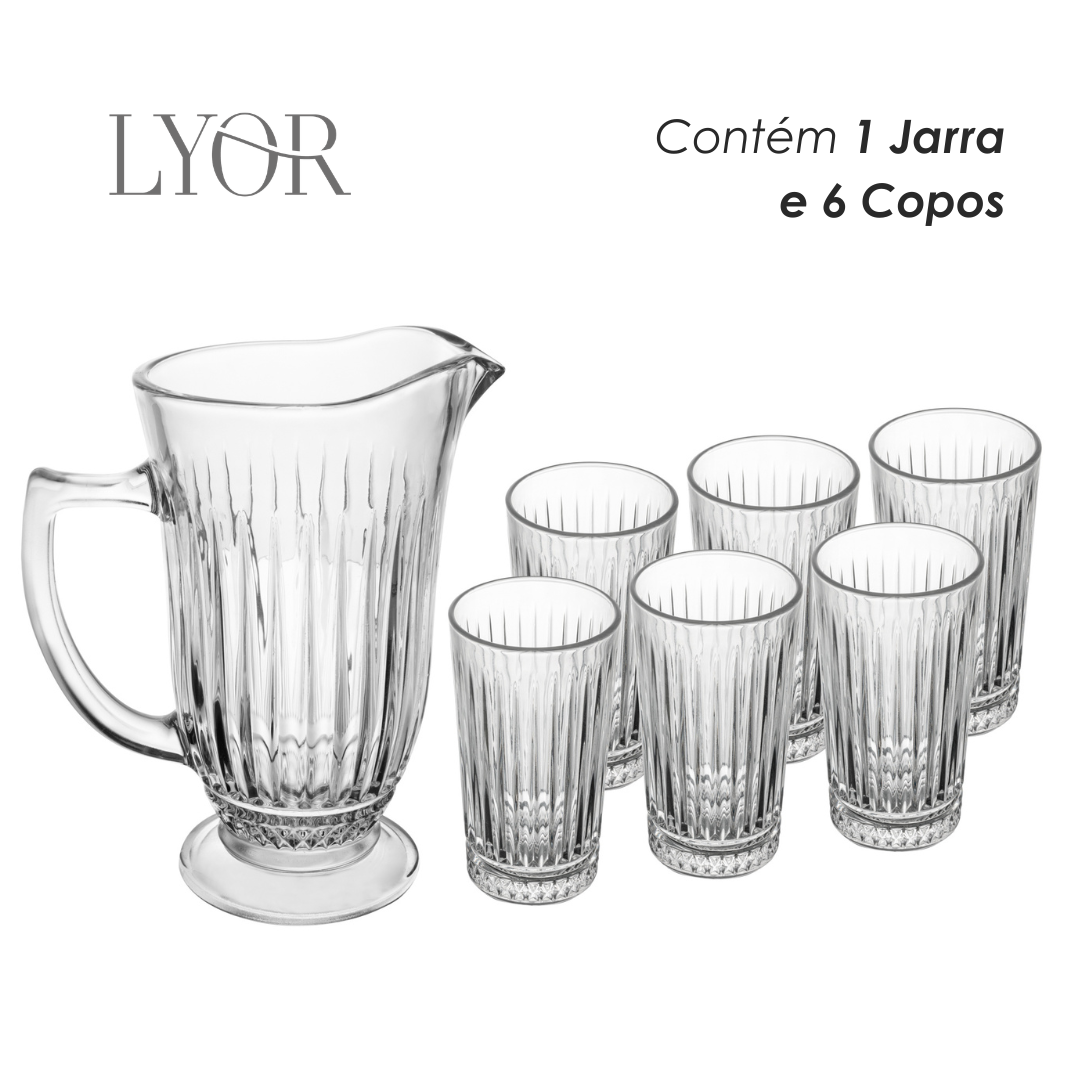 Conjunto Jarra com 6 Copos de Vidro Deli Diamante 1L/300ml - Lyor