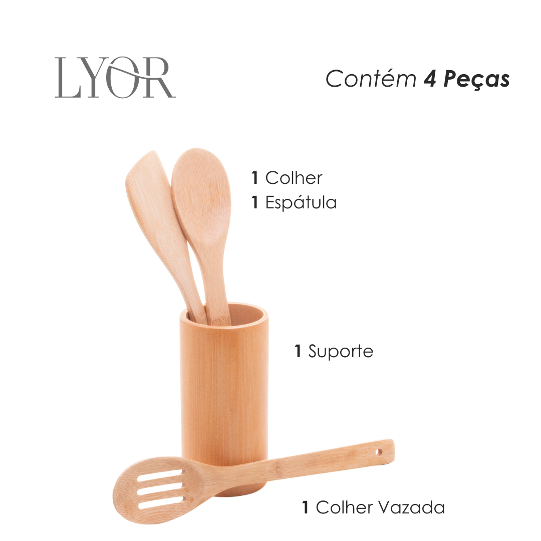 Conjunto 3 Utensílios e Suporte em Bambu - Lyor