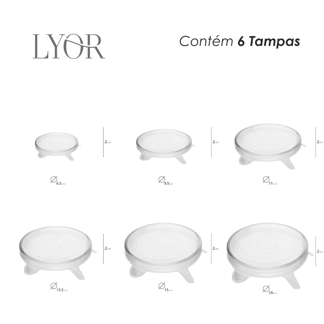 Conjunto 6 Tampas Redondas Flexíveis 20cm x 2cm Silicone - Lyor