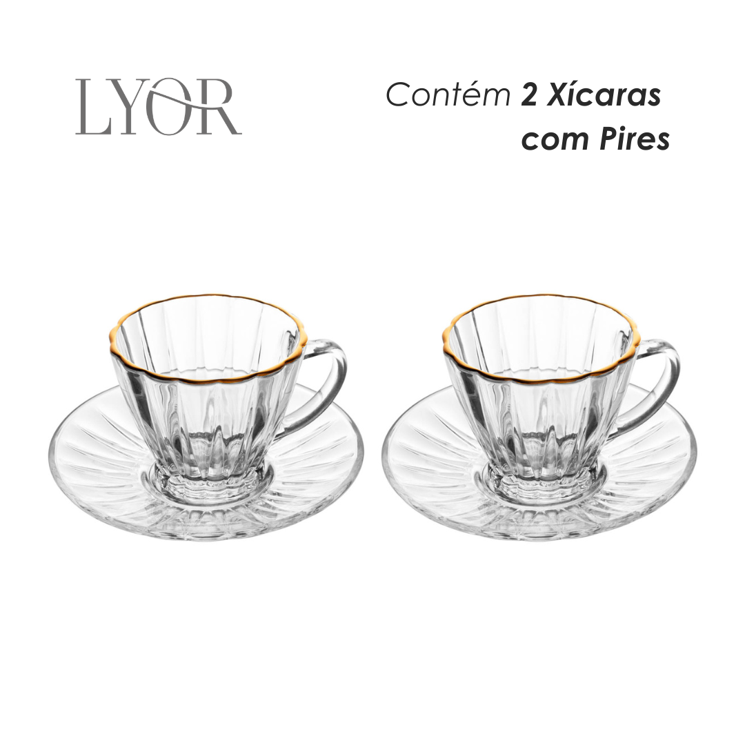 Conjunto 2 Xícaras para Café com Fio de Ouro e Pires Radial 90ml Cristal - Lyor
