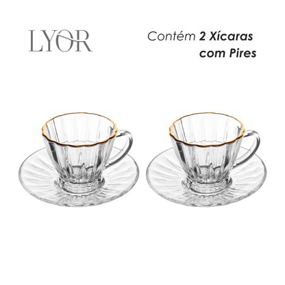 Conjunto 2 Xícaras para Café com Fio de Ouro e Pires Radial 90ml Cristal - Lyor