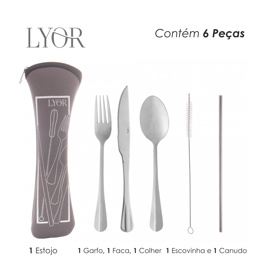 Conjunto 6 Peças Estojo de Neoprene Cinza com 3 Talheres Positano Canudo e Escovinha - Lyor