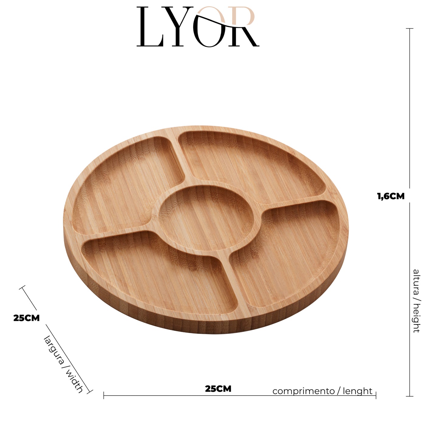 Petisqueira de Bambu com 5 Divisórias Round 25cm x 25cm x 1,6cm - Lyor