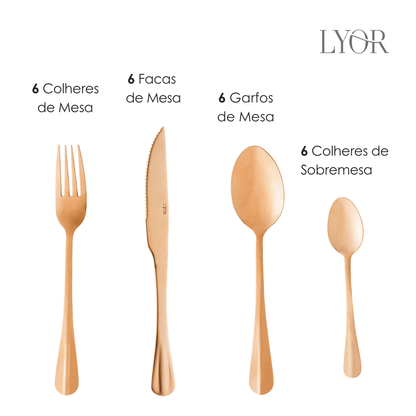 Faqueiro 24 Peças de Aço Inox Positano Rosé Lyor